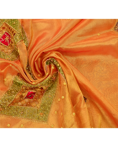 Sanskriti Vintage Sarees Tissue Silk Hand Embroidery Craft Fabric Premium Sari, PS-48237-Orange-Hand Beaded With Patch Work-Tissue-6