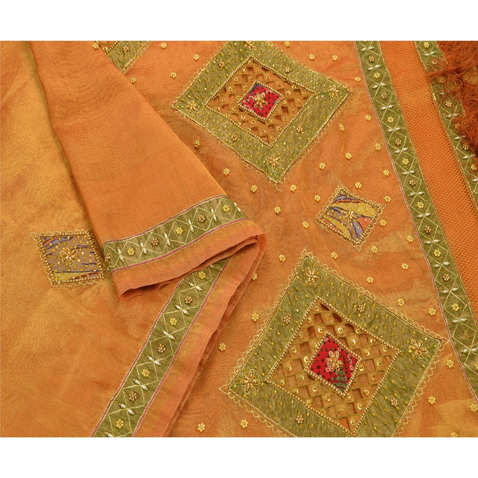 Sanskriti Vintage Sarees Tissue Silk Hand Embroidery Craft Fabric Premium Sari, PS-48237-Orange-Hand Beaded With Patch Work-Tissue-7