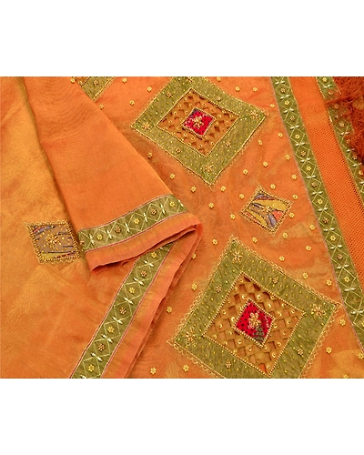Sanskriti Vintage Sarees Tissue Silk Hand Embroidery Craft Fabric Premium Sari, PS-48237-Orange-Hand Beaded With Patch Work-Tissue-7