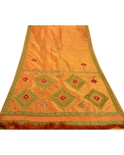Sanskriti Vintage Sarees Tissue Silk Hand Embroidery Craft Fabric Premium Sari, PS-48237-Orange-Hand Beaded With Patch Work-Tissue-8