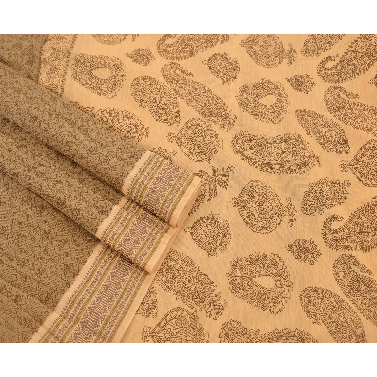 Sanskriti Vintage Indian Cream Sarees 100% Pure Cotton Craft Fabric Printed Sari, PS-48254-Cream-Woven &amp; Printed Work-100% Pure Cotton-2