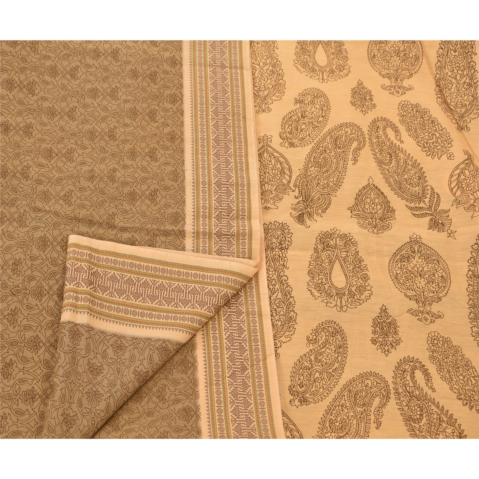 Sanskriti Vintage Indian Cream Sarees 100% Pure Cotton Craft Fabric Printed Sari, PS-48254-Cream-Woven &amp; Printed Work-100% Pure Cotton-3