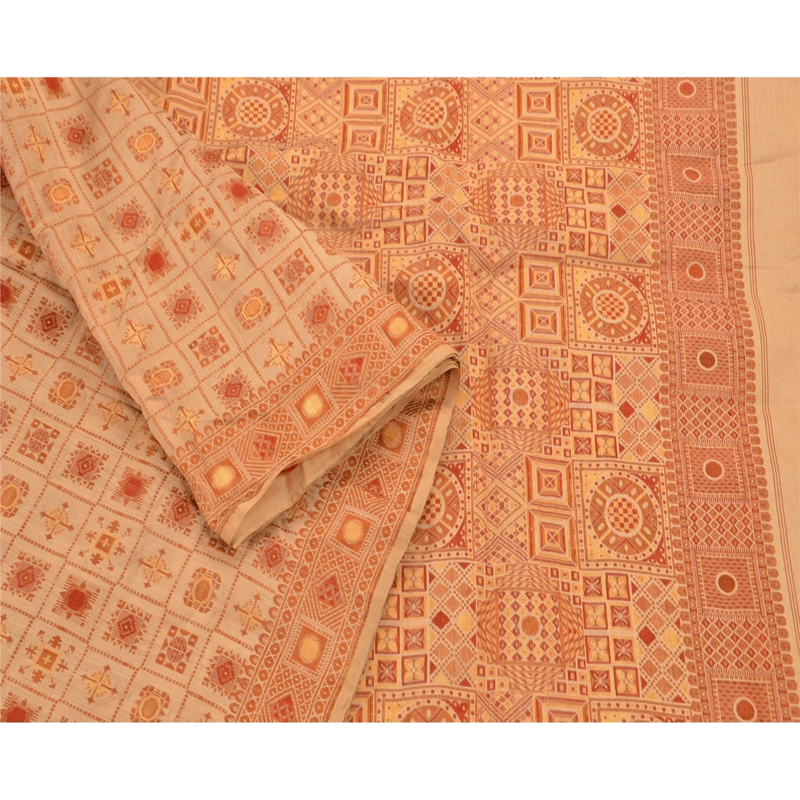 Sanskriti Vintage Indian Cream Sarees 100% Pure Silk Woven Fabric Premium Sari, PS-48268-Cream-Woven Work-100% Pure Silk-6