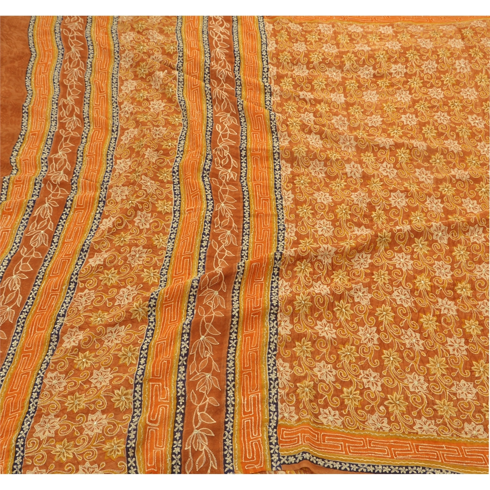 Sanskriti Vintage Sarees Pure Georgette Silk Craft Fabric Hand Embroider Sari, PS-48281-Orange-Zari With Thread Work-100% Pure Georgette-1