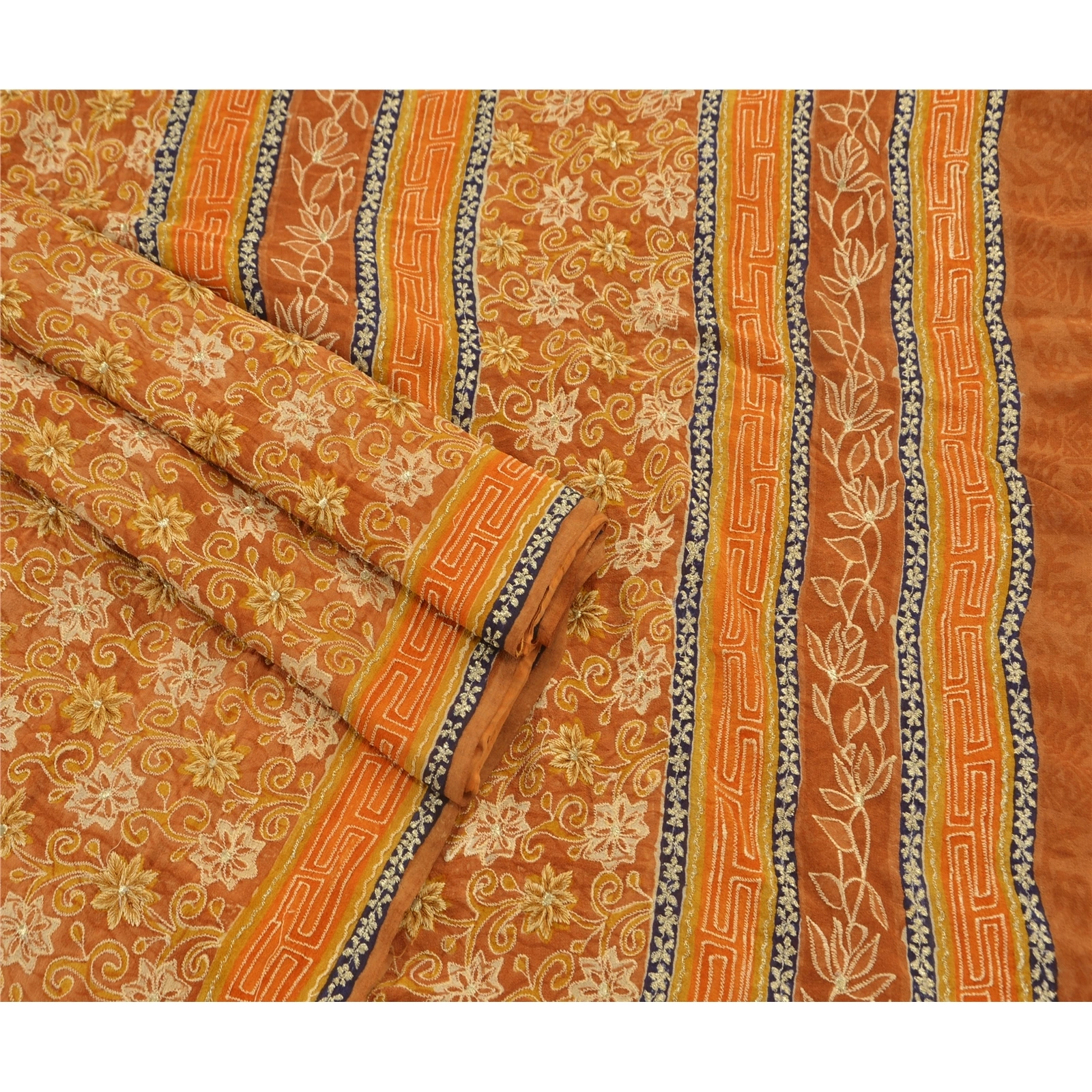 Sanskriti Vintage Sarees Pure Georgette Silk Craft Fabric Hand Embroider Sari, PS-48281-Orange-Zari With Thread Work-100% Pure Georgette-2