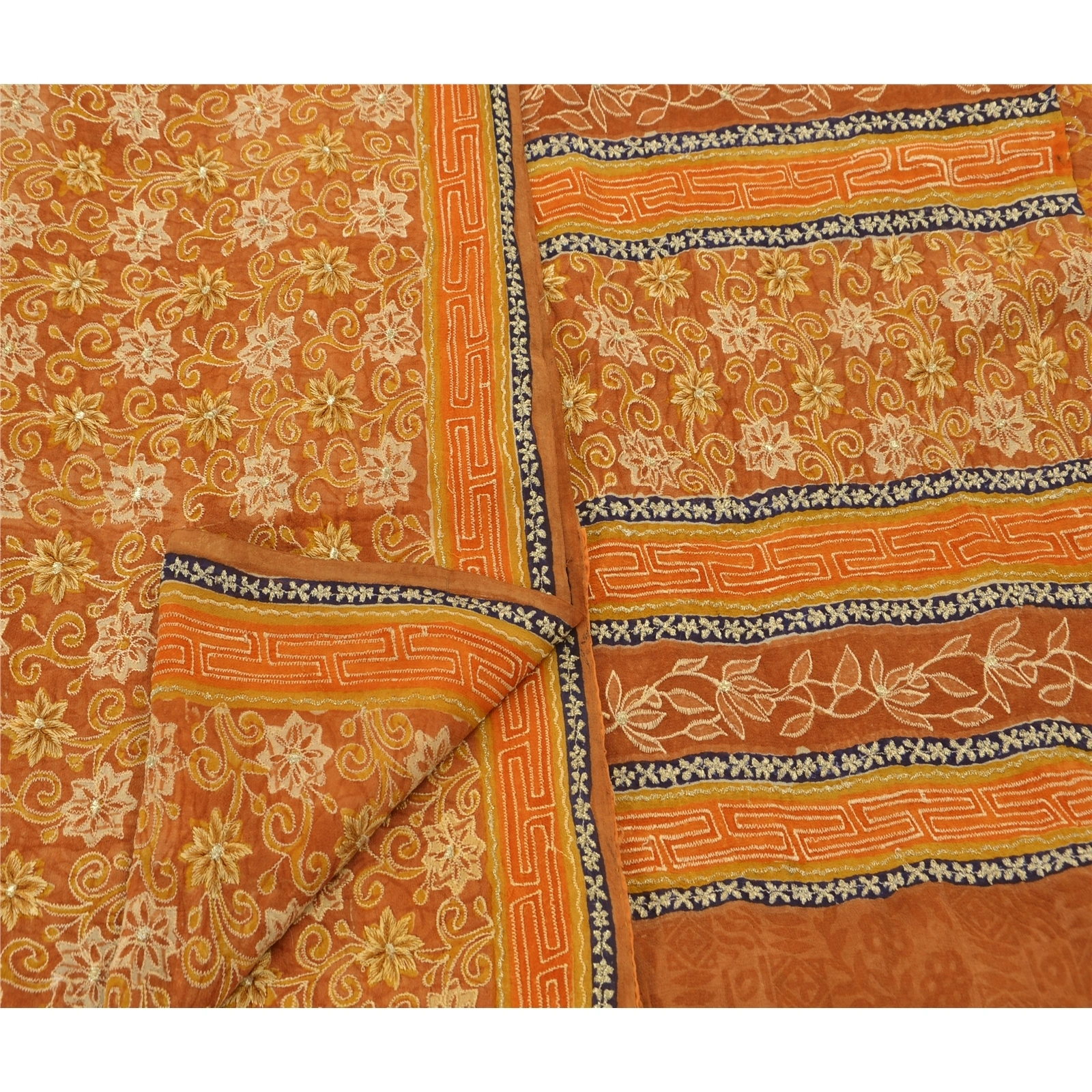 Sanskriti Vintage Sarees Pure Georgette Silk Craft Fabric Hand Embroider Sari, PS-48281-Orange-Zari With Thread Work-100% Pure Georgette-3