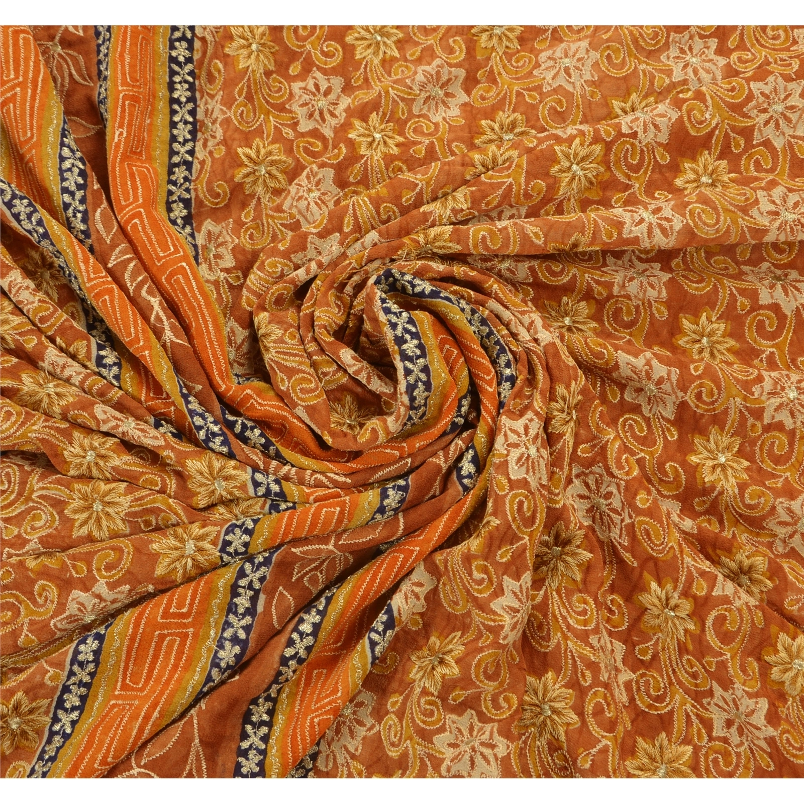 Sanskriti Vintage Sarees Pure Georgette Silk Craft Fabric Hand Embroider Sari, PS-48281-Orange-Zari With Thread Work-100% Pure Georgette-5