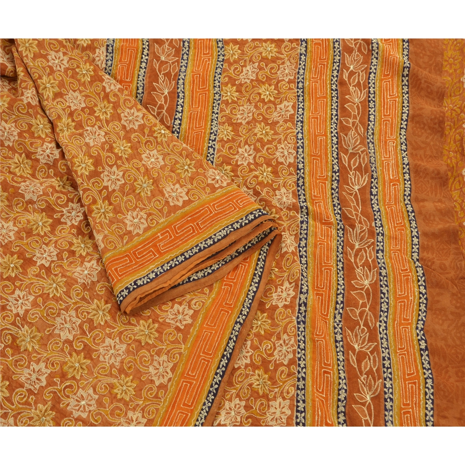 Sanskriti Vintage Sarees Pure Georgette Silk Craft Fabric Hand Embroider Sari, PS-48281-Orange-Zari With Thread Work-100% Pure Georgette-6