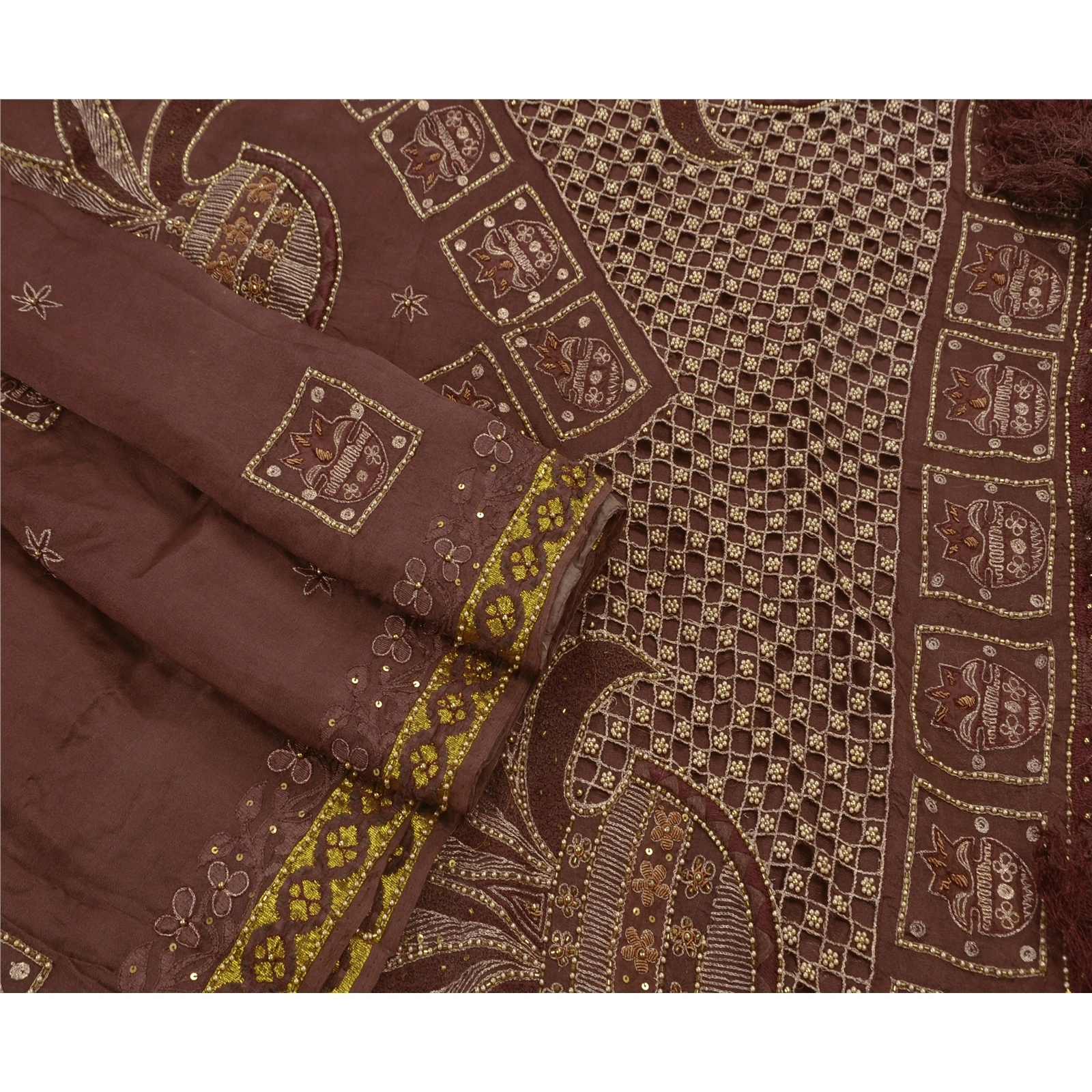 Sanskriti Vintage Brown Sarees Art Silk Hand Beaded Premium Fabric Cultural Sari, PS-48293-Brown-Beaded Work-Art Silk-2