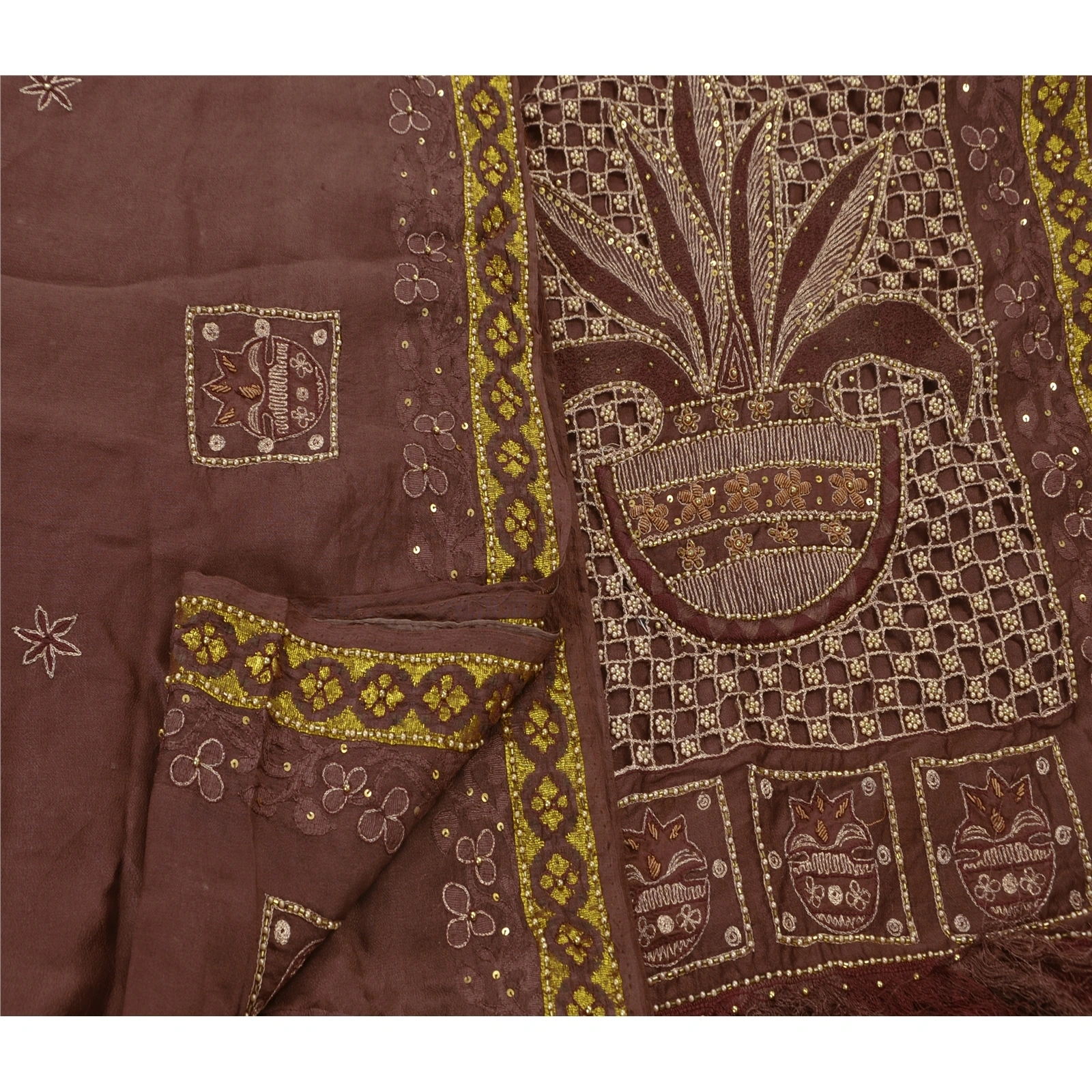 Sanskriti Vintage Brown Sarees Art Silk Hand Beaded Premium Fabric Cultural Sari, PS-48293-Brown-Beaded Work-Art Silk-3