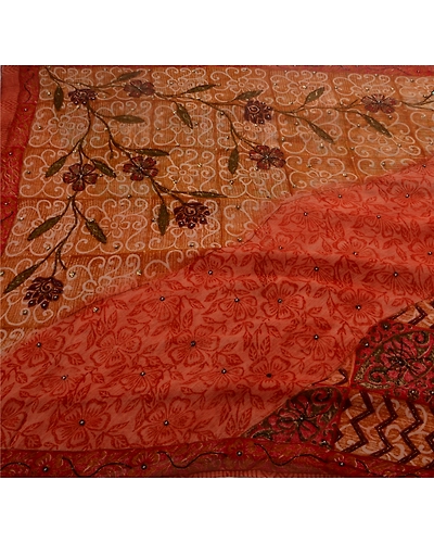 Sanskriti Vintage Sarees Blend Georgette Hand Beaded Fabric Premium Ethnic Sari, PS-48357-Multi-Hand Beaded &amp; Printed Work-Blend Georgette-1