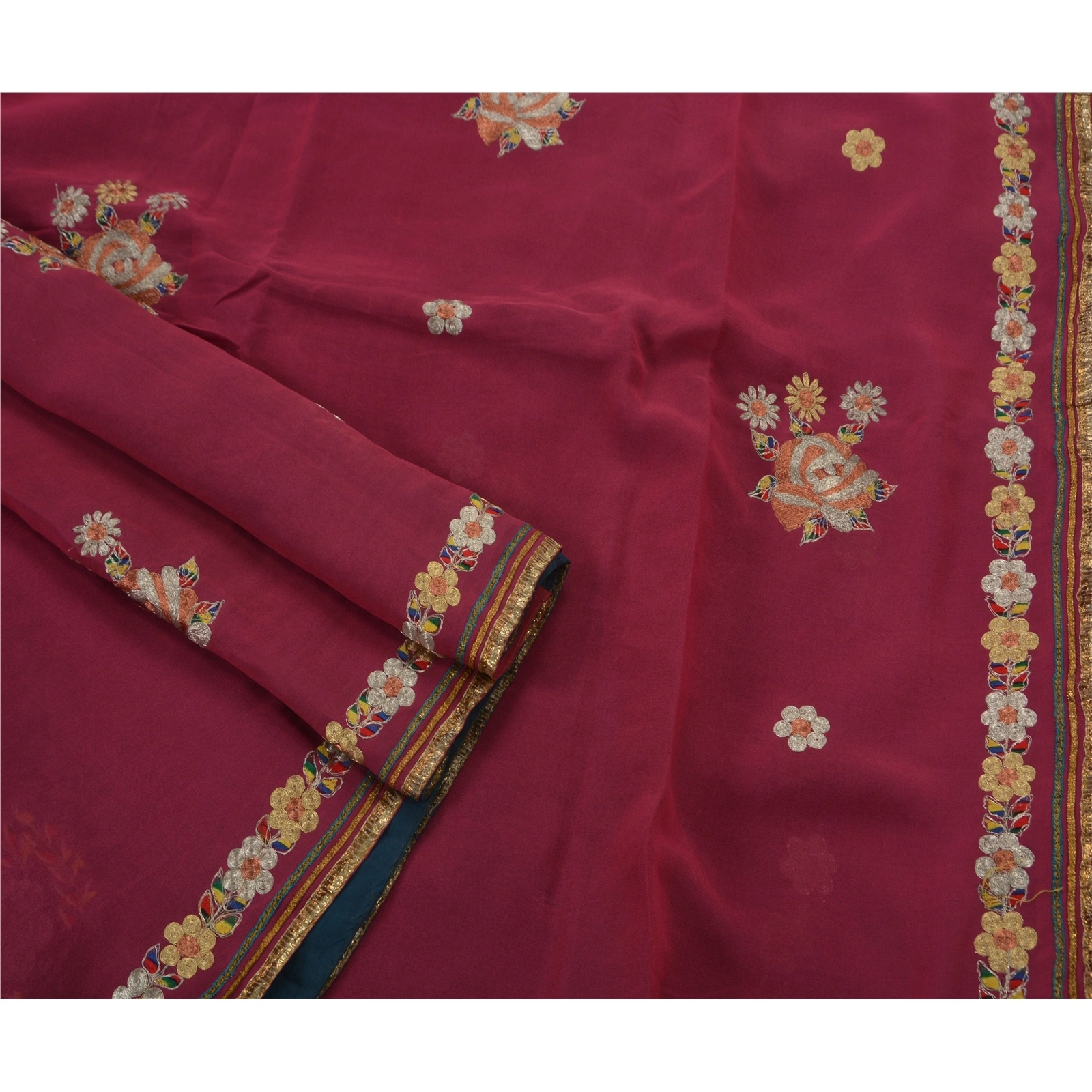 Sanskriti Vintage Sarees 100% Pure Georgette Silk Fabric Hand Embroidery Sari, PS-48395-Purple-Zari Work-100% Pure Georgette-2