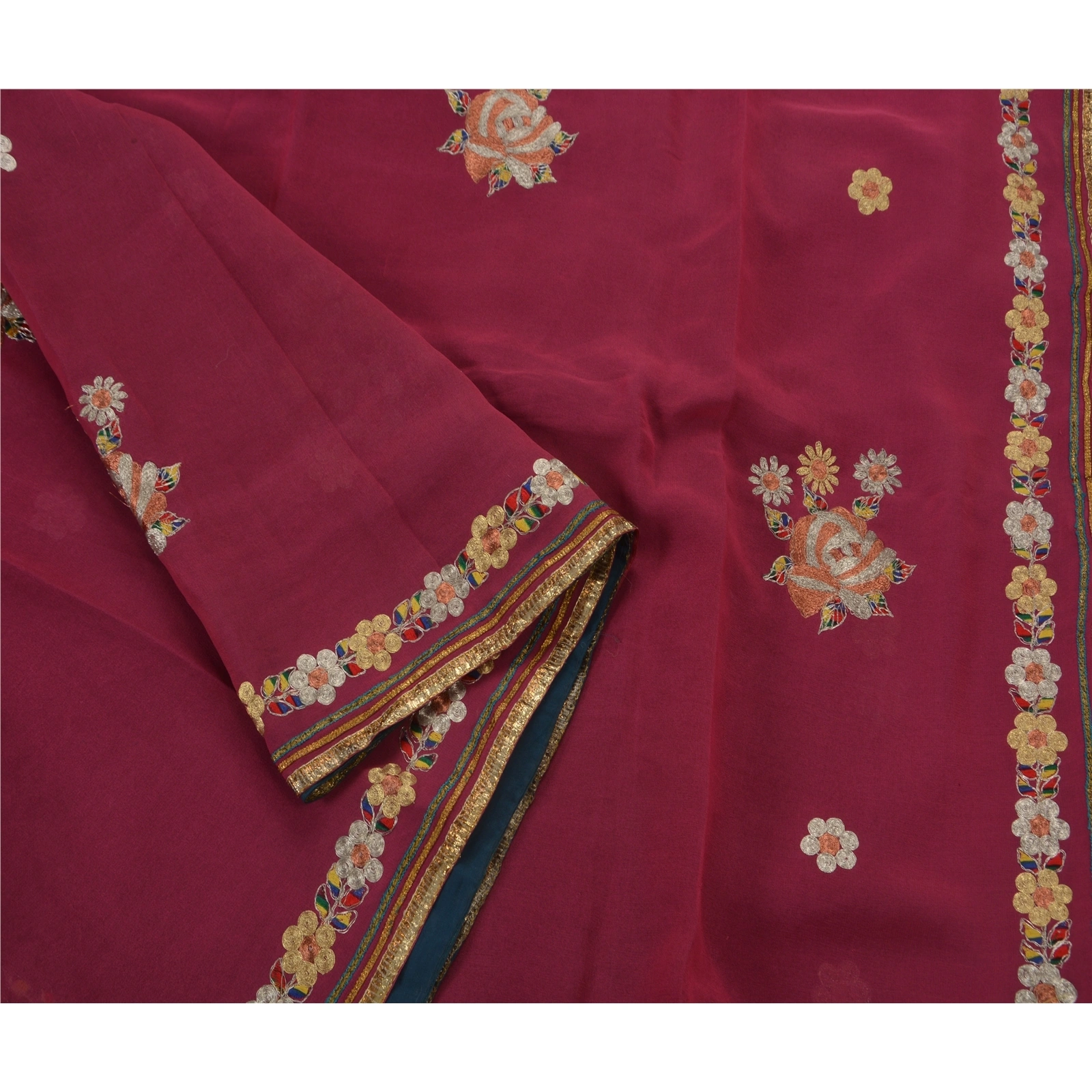 Sanskriti Vintage Sarees 100% Pure Georgette Silk Fabric Hand Embroidery Sari, PS-48395-Purple-Zari Work-100% Pure Georgette-6