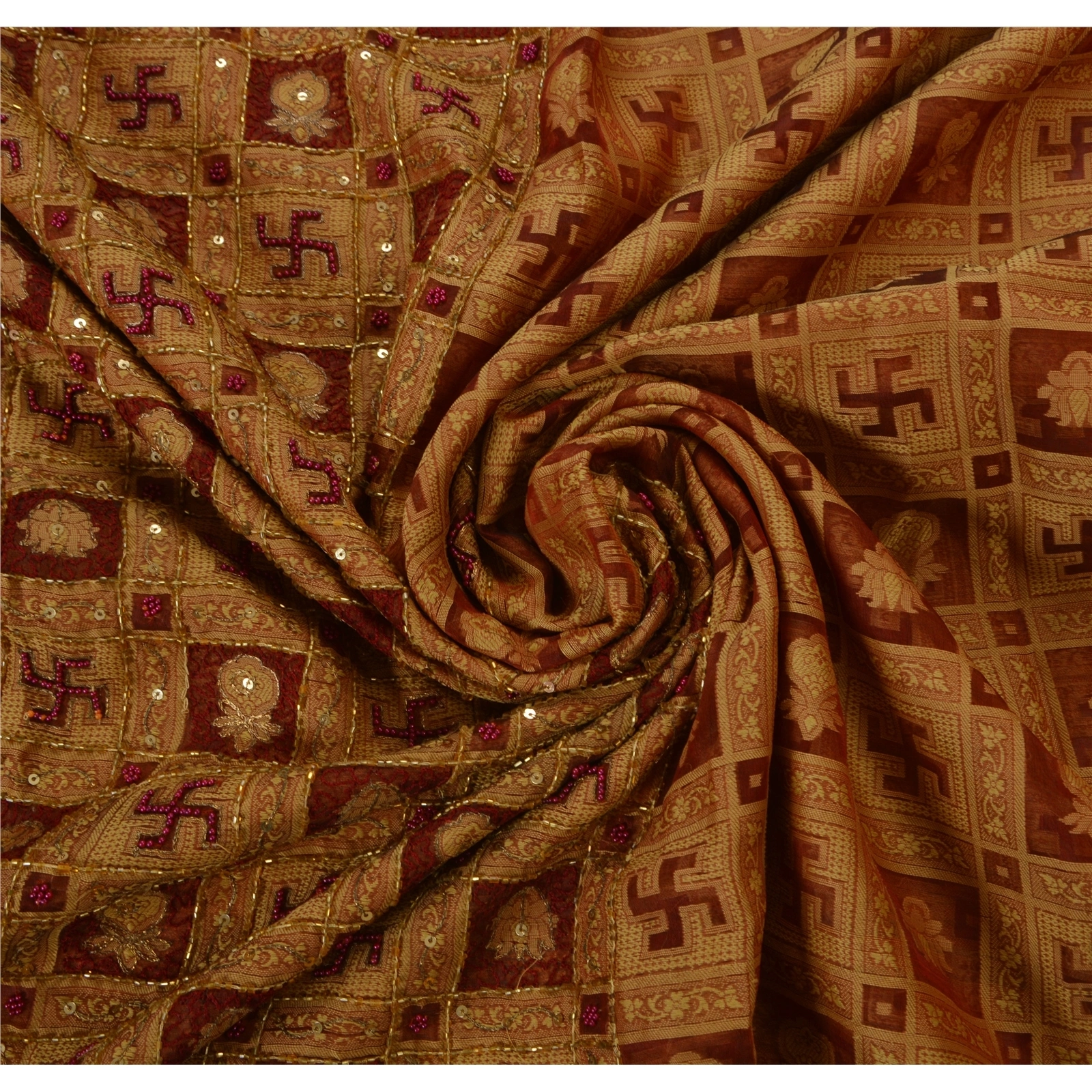 Sanskriti Vintage Sarees Pure Organza Silk Hand Beaded Fabric Premium 5 Yd Sari, PS-48432-Brown-Zari Work-100% Pure Organza Silk-5