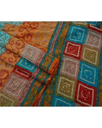 Sanskriti Vintage Sarees Pure Crepe Silk Hand Beaded Craft Fabric Premium Sari, PS-48611-Multi Color-Thread Work-100% Pure Crepe Silk-2