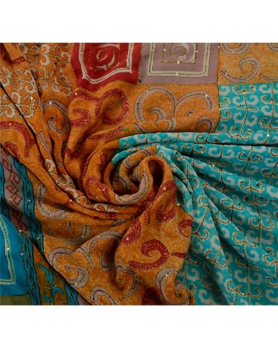 Sanskriti Vintage Sarees Pure Crepe Silk Hand Beaded Craft Fabric Premium Sari, PS-48611-Multi Color-Thread Work-100% Pure Crepe Silk-5