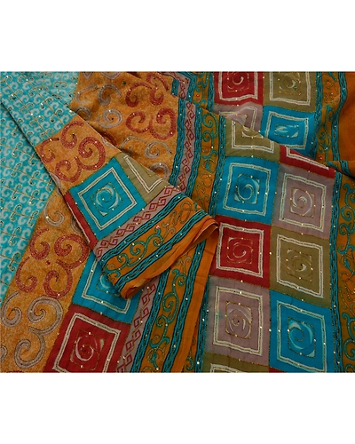 Sanskriti Vintage Sarees Pure Crepe Silk Hand Beaded Craft Fabric Premium Sari, PS-48611-Multi Color-Thread Work-100% Pure Crepe Silk-6