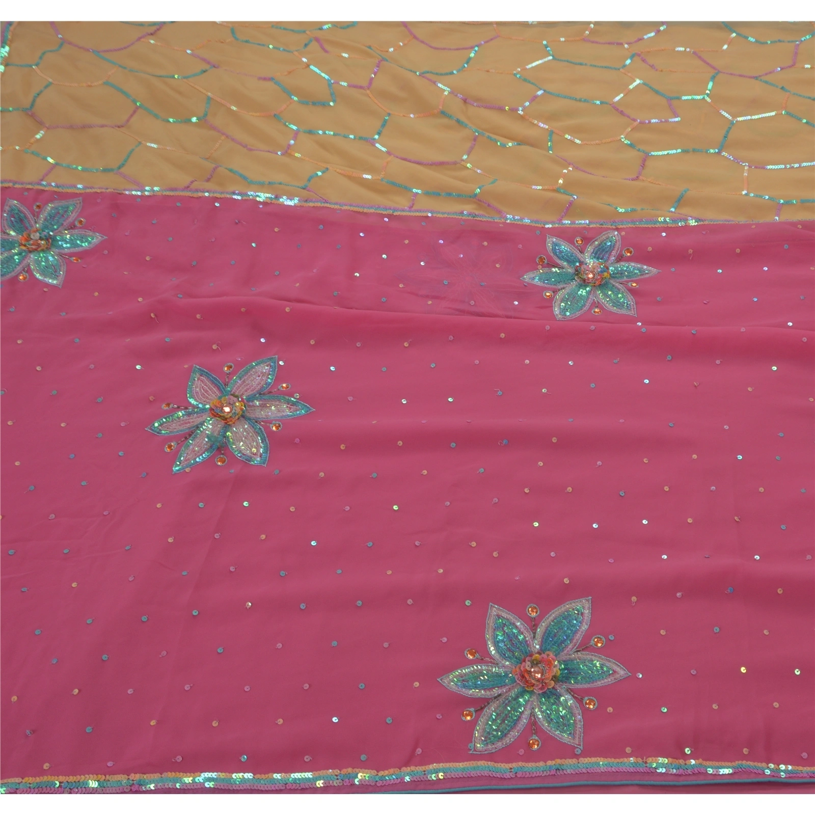 Sanskriti Vintage Sarees Georgette Hand Beaded Pink Fabric Premium Ethnic Sari, PS-48889-Pink-Sequins Work-Georgette-1