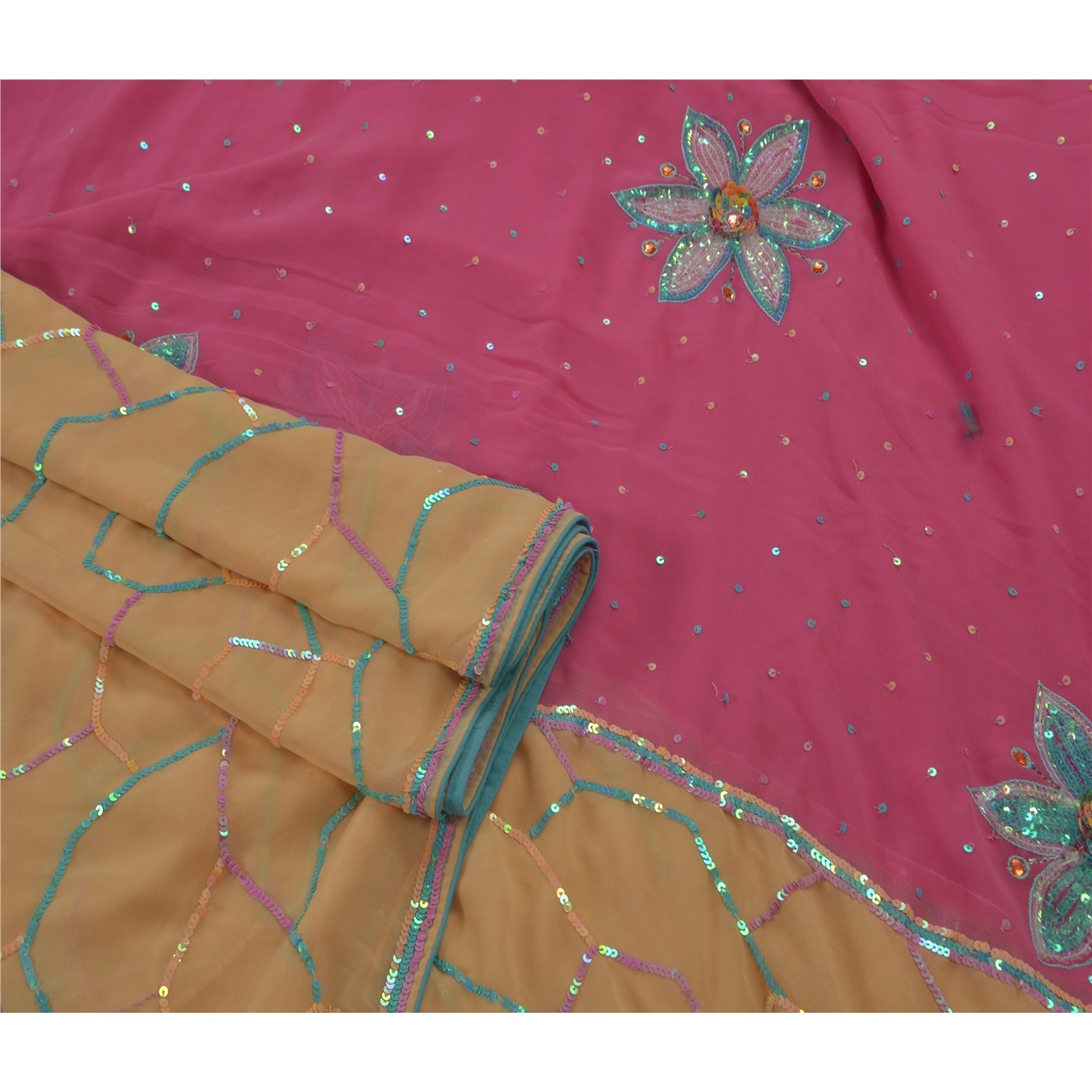 Sanskriti Vintage Sarees Georgette Hand Beaded Pink Fabric Premium Ethnic Sari, PS-48889-Pink-Sequins Work-Georgette-3