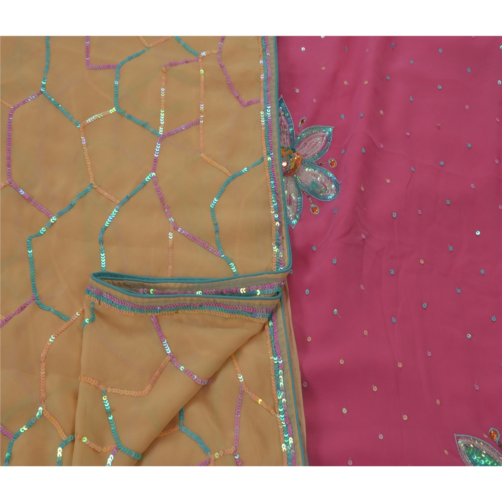 Sanskriti Vintage Sarees Georgette Hand Beaded Pink Fabric Premium Ethnic Sari, PS-48889-Pink-Sequins Work-Georgette-4