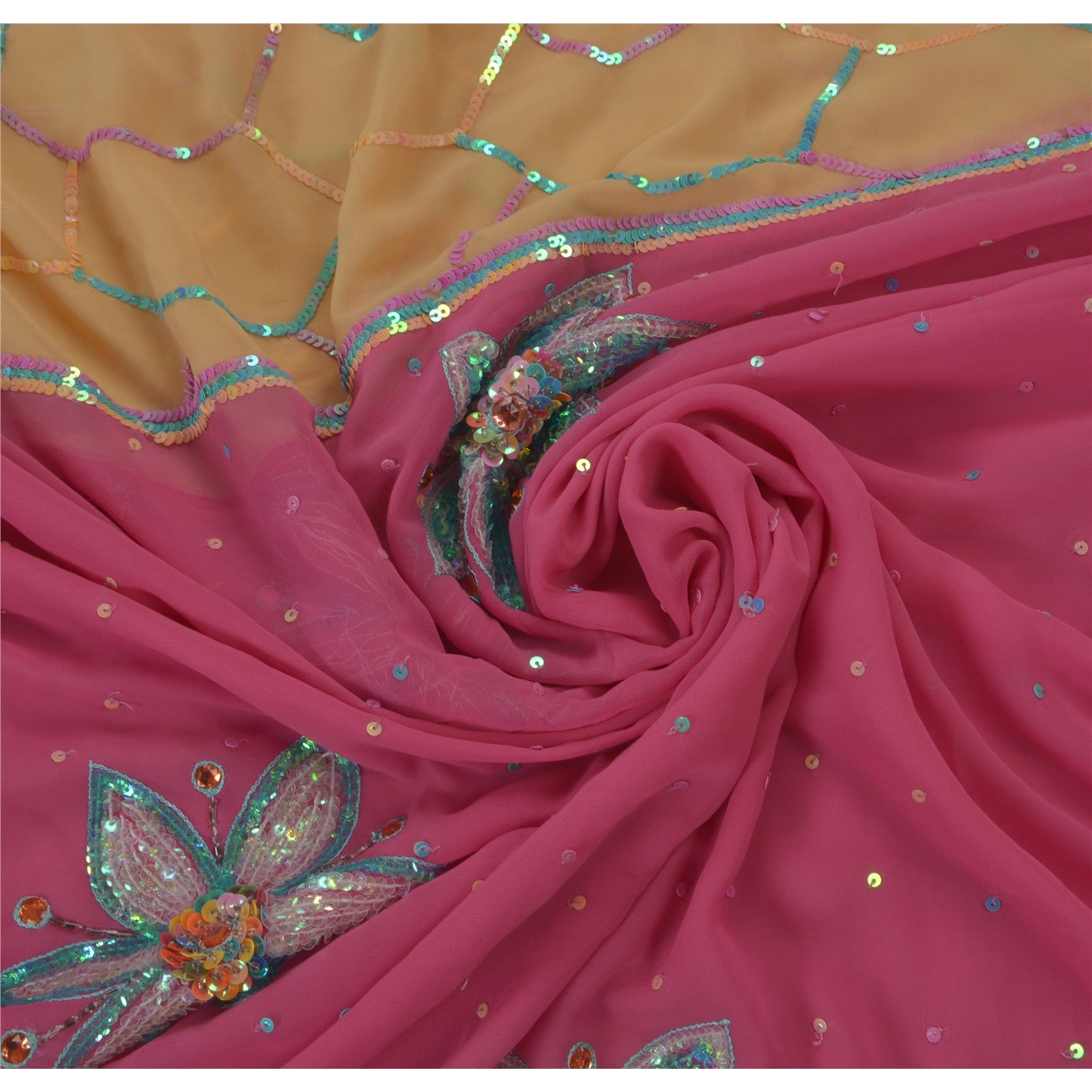 Sanskriti Vintage Sarees Georgette Hand Beaded Pink Fabric Premium Ethnic Sari, PS-48889-Pink-Sequins Work-Georgette-6