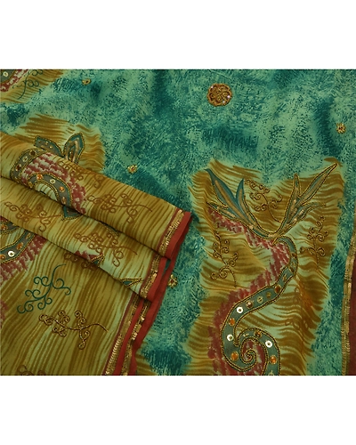 Sanskriti Vintage Sarees Georgette Hand Beaded Blue Fabric Premium Ethnic Sari, PS-49073-Blue-Sequins Work-Georgette-1