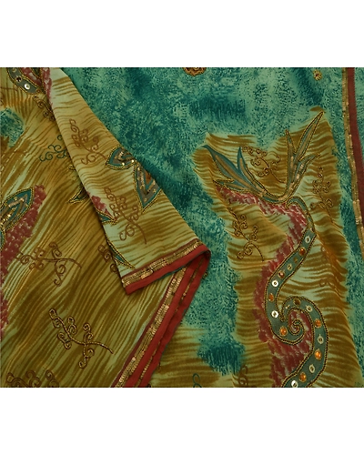 Sanskriti Vintage Sarees Georgette Hand Beaded Blue Fabric Premium Ethnic Sari, PS-49073-Blue-Sequins Work-Georgette-4