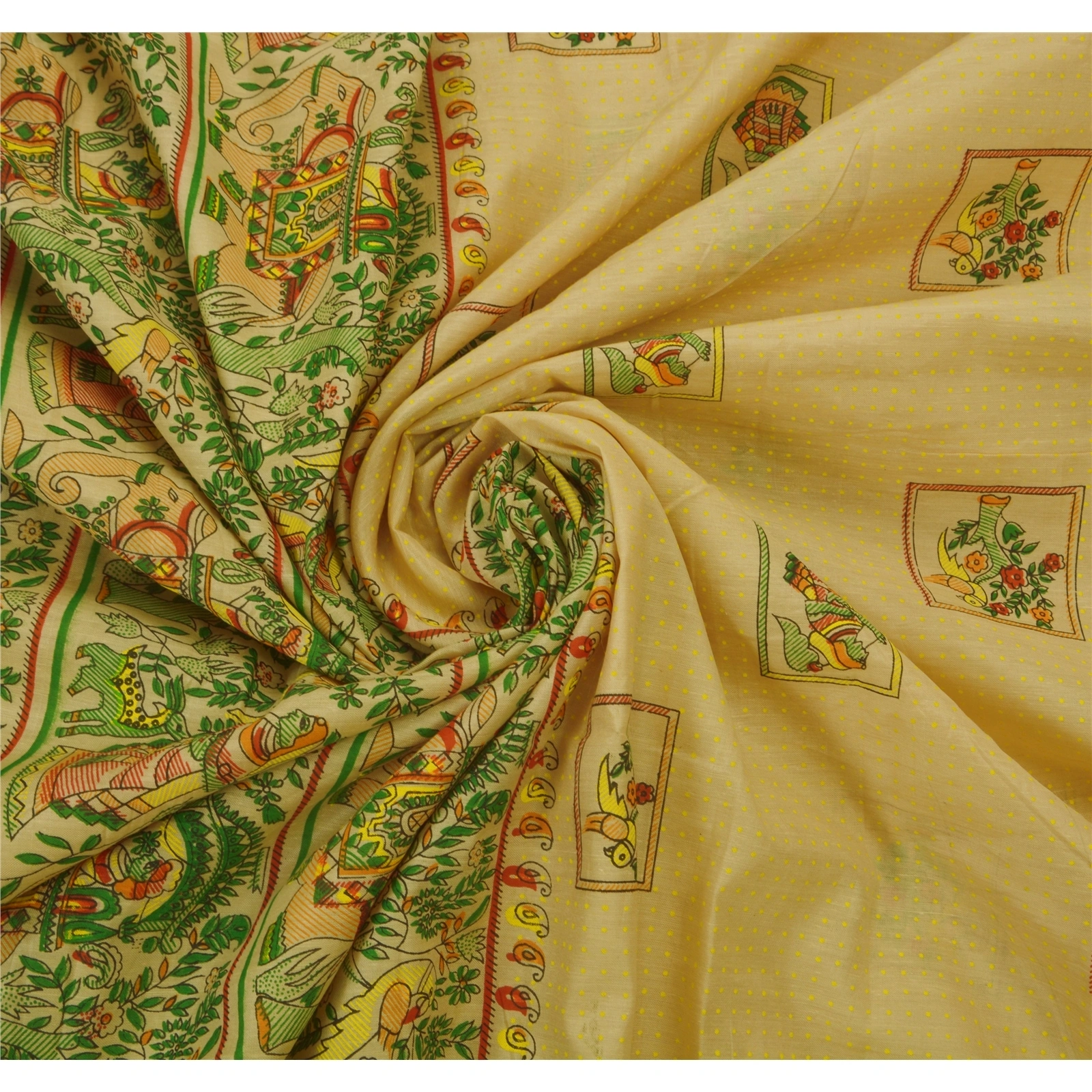 Sanskriti Vintage Indian Sarees 100% Pure Cotton Painted Craft Fabric Human Sari, PS-49079-Cream-Painted Work-100% Pure Cotton-3