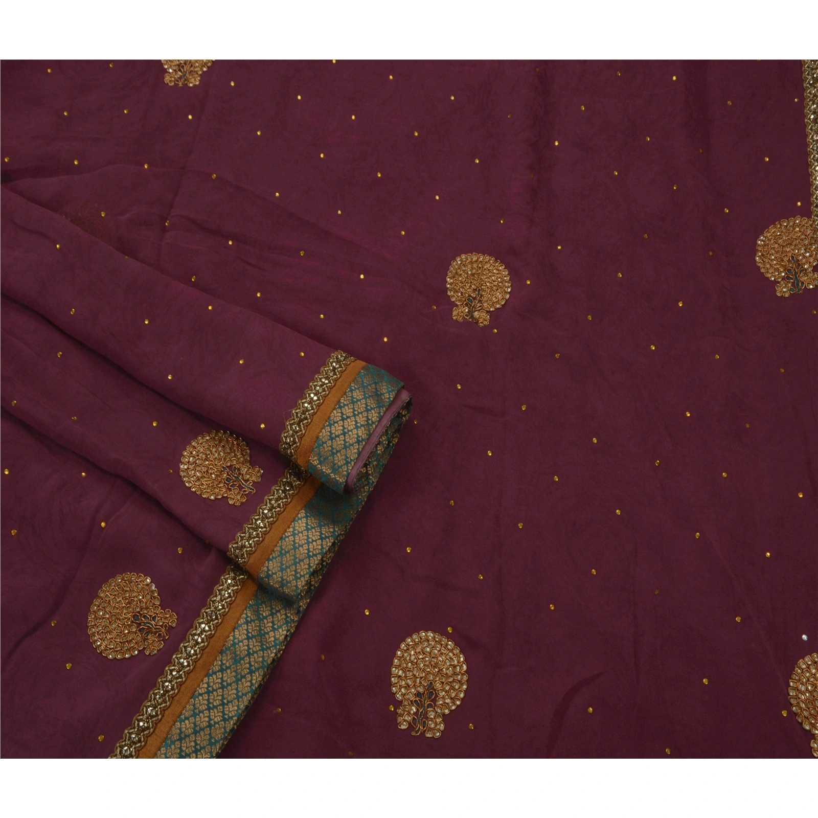 Sanskriti Vintage Sarees Blend Georgette Hand Beaded Fabric Ethnic 5 Yd Sari, PS-49615-Purple-Sequins Work-Blend Georgette-1