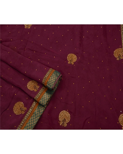 Sanskriti Vintage Sarees Blend Georgette Hand Beaded Fabric Ethnic 5 Yd Sari, PS-49615-Purple-Sequins Work-Blend Georgette-1