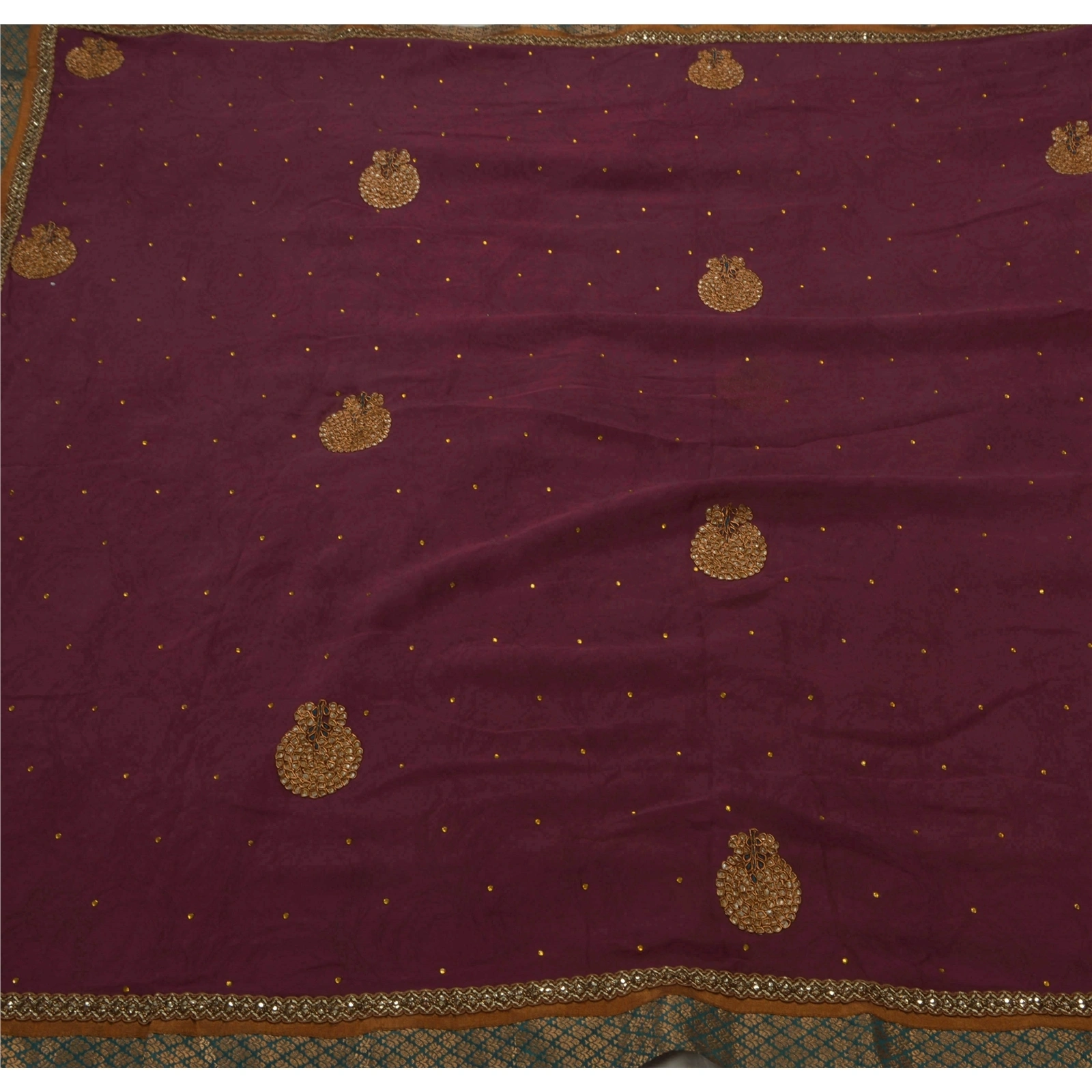 Sanskriti Vintage Sarees Blend Georgette Hand Beaded Fabric Ethnic 5 Yd Sari, PS-49615-Purple-Sequins Work-Blend Georgette-2