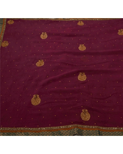 Sanskriti Vintage Sarees Blend Georgette Hand Beaded Fabric Ethnic 5 Yd Sari, PS-49615-Purple-Sequins Work-Blend Georgette-2