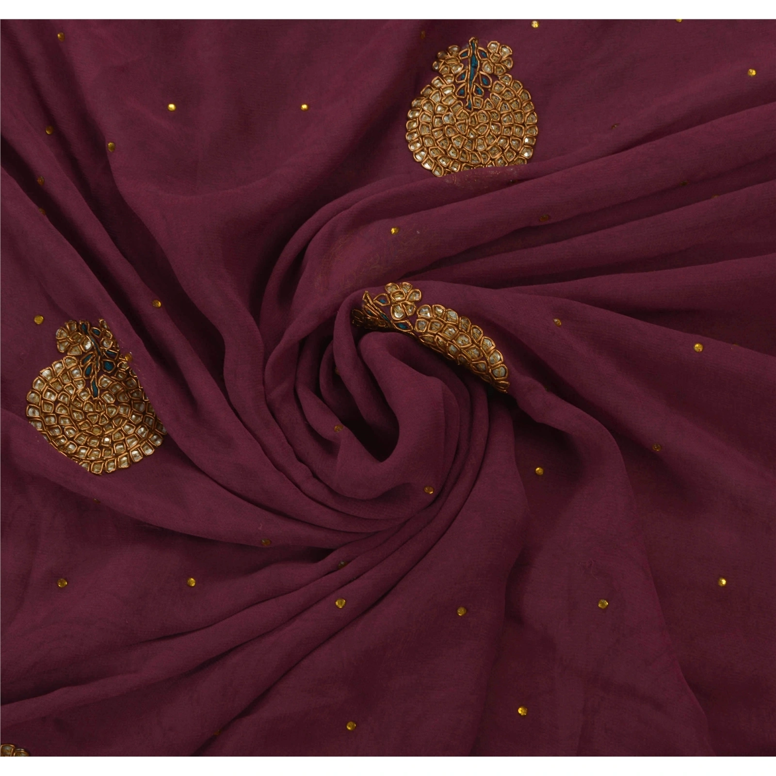 Sanskriti Vintage Sarees Blend Georgette Hand Beaded Fabric Ethnic 5 Yd Sari, PS-49615-Purple-Sequins Work-Blend Georgette-4