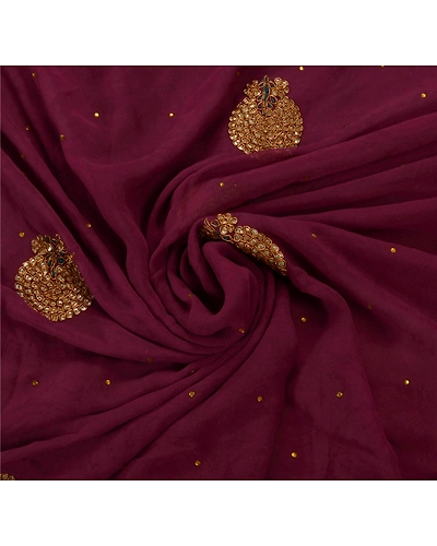 Sanskriti Vintage Sarees Blend Georgette Hand Beaded Fabric Ethnic 5 Yd Sari, PS-49615-Purple-Sequins Work-Blend Georgette-4