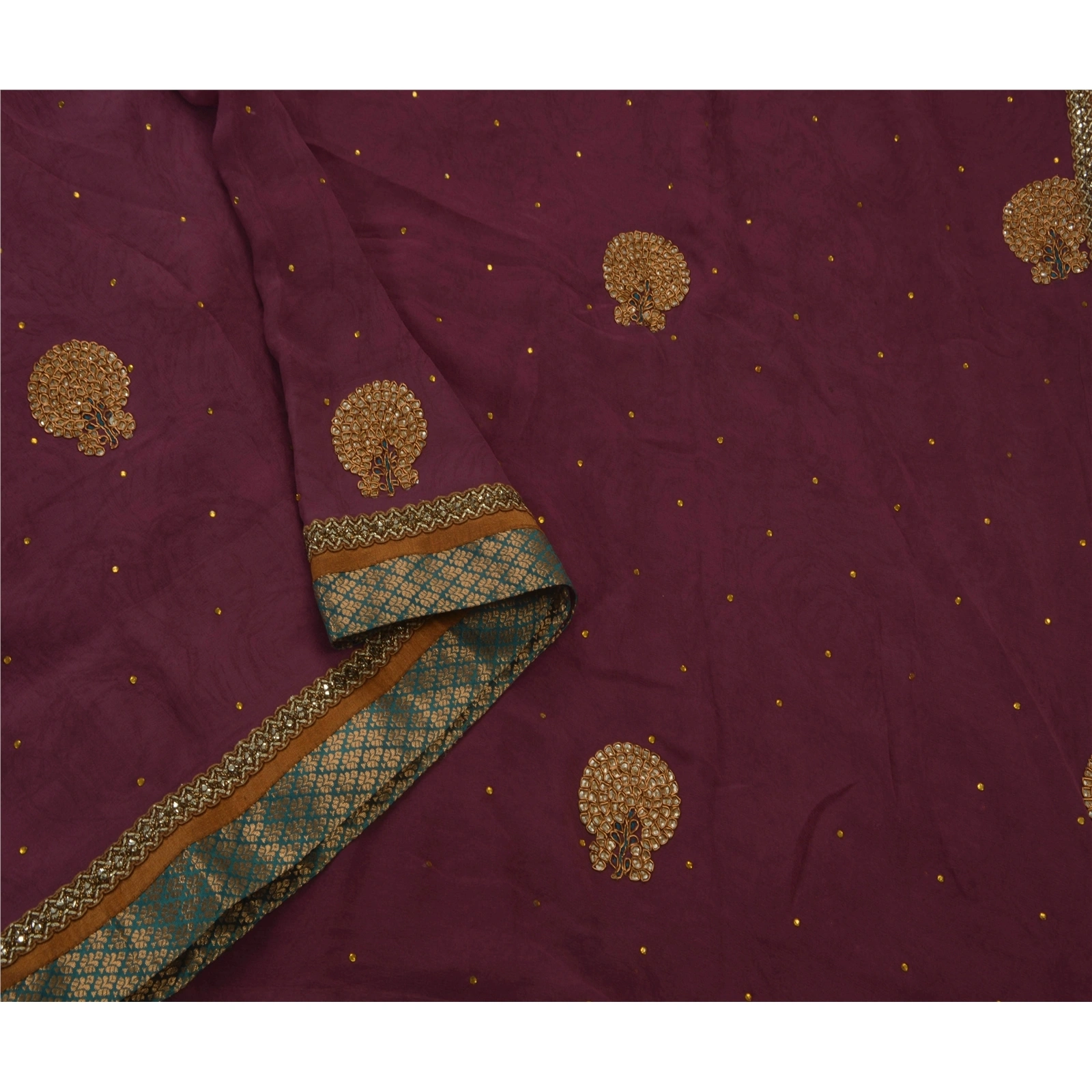 Sanskriti Vintage Sarees Blend Georgette Hand Beaded Fabric Ethnic 5 Yd Sari, PS-49615-Purple-Sequins Work-Blend Georgette-5