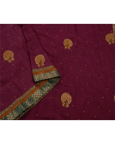Sanskriti Vintage Sarees Blend Georgette Hand Beaded Fabric Ethnic 5 Yd Sari, PS-49615-Purple-Sequins Work-Blend Georgette-5