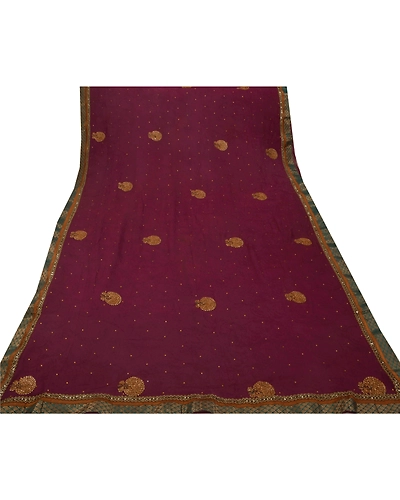 Sanskriti Vintage Sarees Blend Georgette Hand Beaded Fabric Ethnic 5 Yd Sari, PS-49615-Purple-Sequins Work-Blend Georgette-6