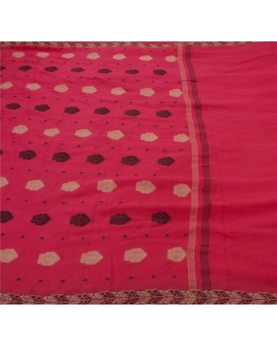 Sanskriti Vintage Antique Sarees 100% Pure Silk Woven Pink Craft Fabric 5Yd Sari, PS-49981-Pink-Woven Work-100% Pure Silk-1