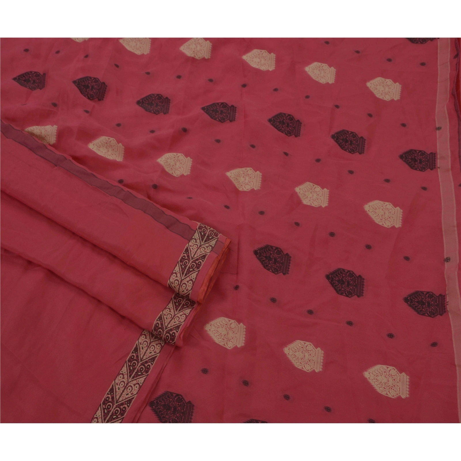 Sanskriti Vintage Antique Sarees 100% Pure Silk Woven Pink Craft Fabric 5Yd Sari, PS-49981-Pink-Woven Work-100% Pure Silk-2