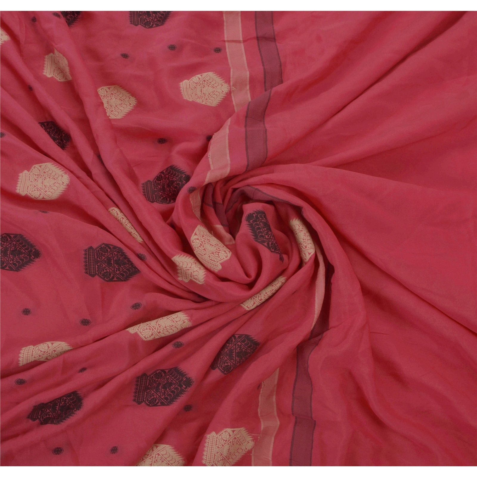 Sanskriti Vintage Antique Sarees 100% Pure Silk Woven Pink Craft Fabric 5Yd Sari, PS-49981-Pink-Woven Work-100% Pure Silk-4