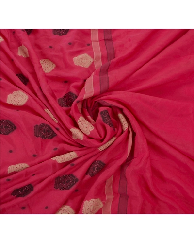 Sanskriti Vintage Antique Sarees 100% Pure Silk Woven Pink Craft Fabric 5Yd Sari, PS-49981-Pink-Woven Work-100% Pure Silk-4