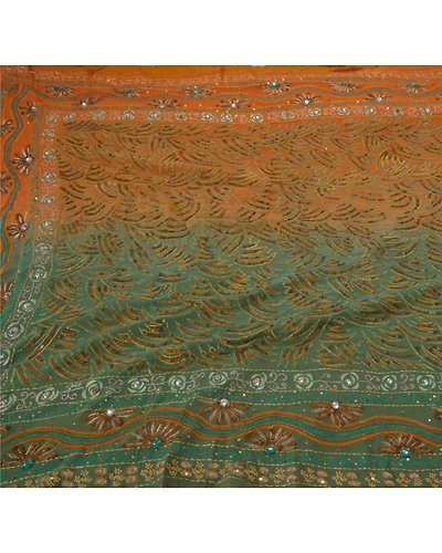 Sanskriti Vintage Sarees Pure Georgette Silk Hand Embroidery Fabric Premium Sari, PS-50235-Green-Sequins Work-100% Pure Georgette Silk-1