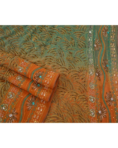 Sanskriti Vintage Sarees Pure Georgette Silk Hand Embroidery Fabric Premium Sari, PS-50235-Green-Sequins Work-100% Pure Georgette Silk-2