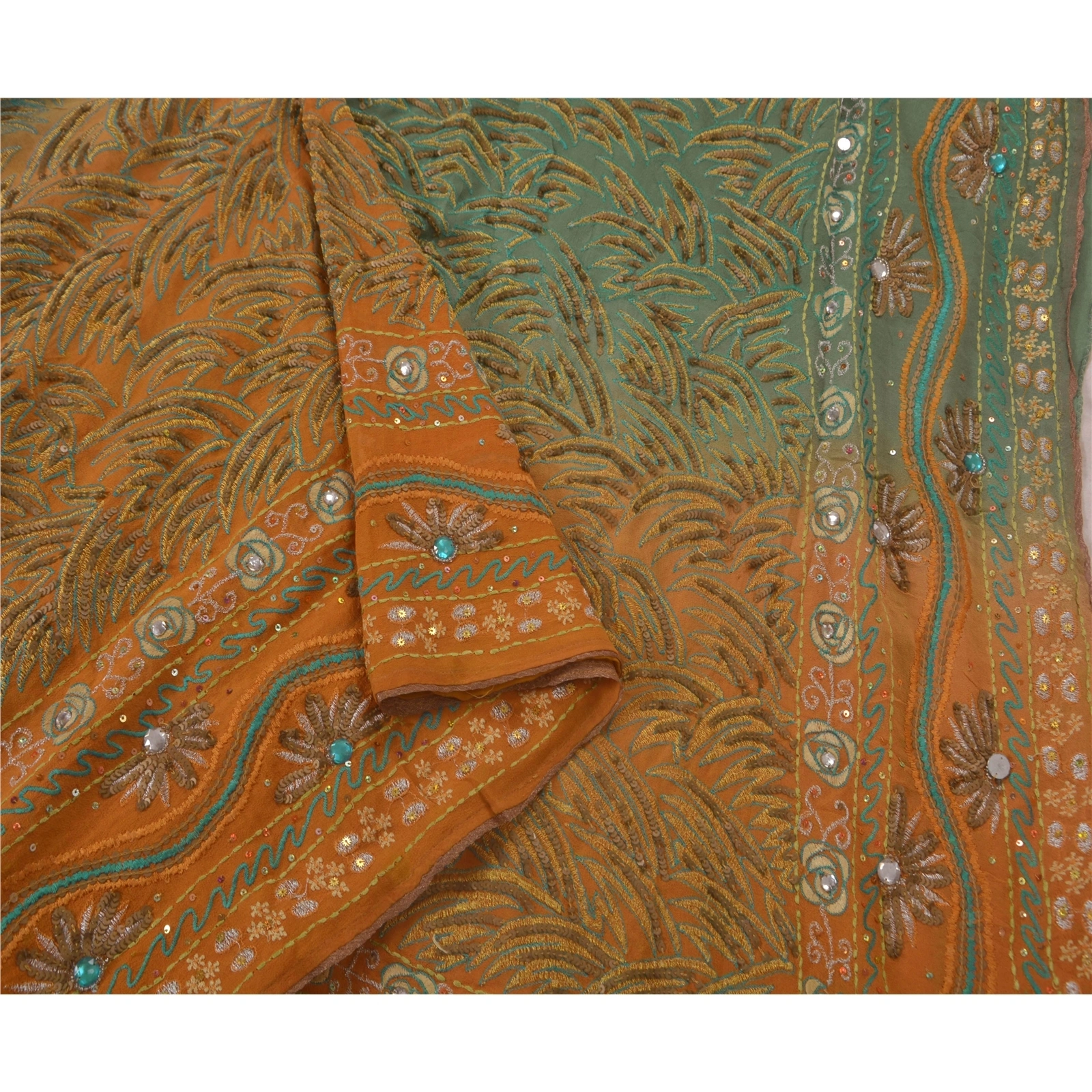 Sanskriti Vintage Sarees Pure Georgette Silk Hand Embroidery Fabric Premium Sari, PS-50235-Green-Sequins Work-100% Pure Georgette Silk-3