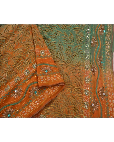 Sanskriti Vintage Sarees Pure Georgette Silk Hand Embroidery Fabric Premium Sari, PS-50235-Green-Sequins Work-100% Pure Georgette Silk-3