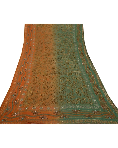 Sanskriti Vintage Sarees Pure Georgette Silk Hand Embroidery Fabric Premium Sari, PS-50235-Green-Sequins Work-100% Pure Georgette Silk-6