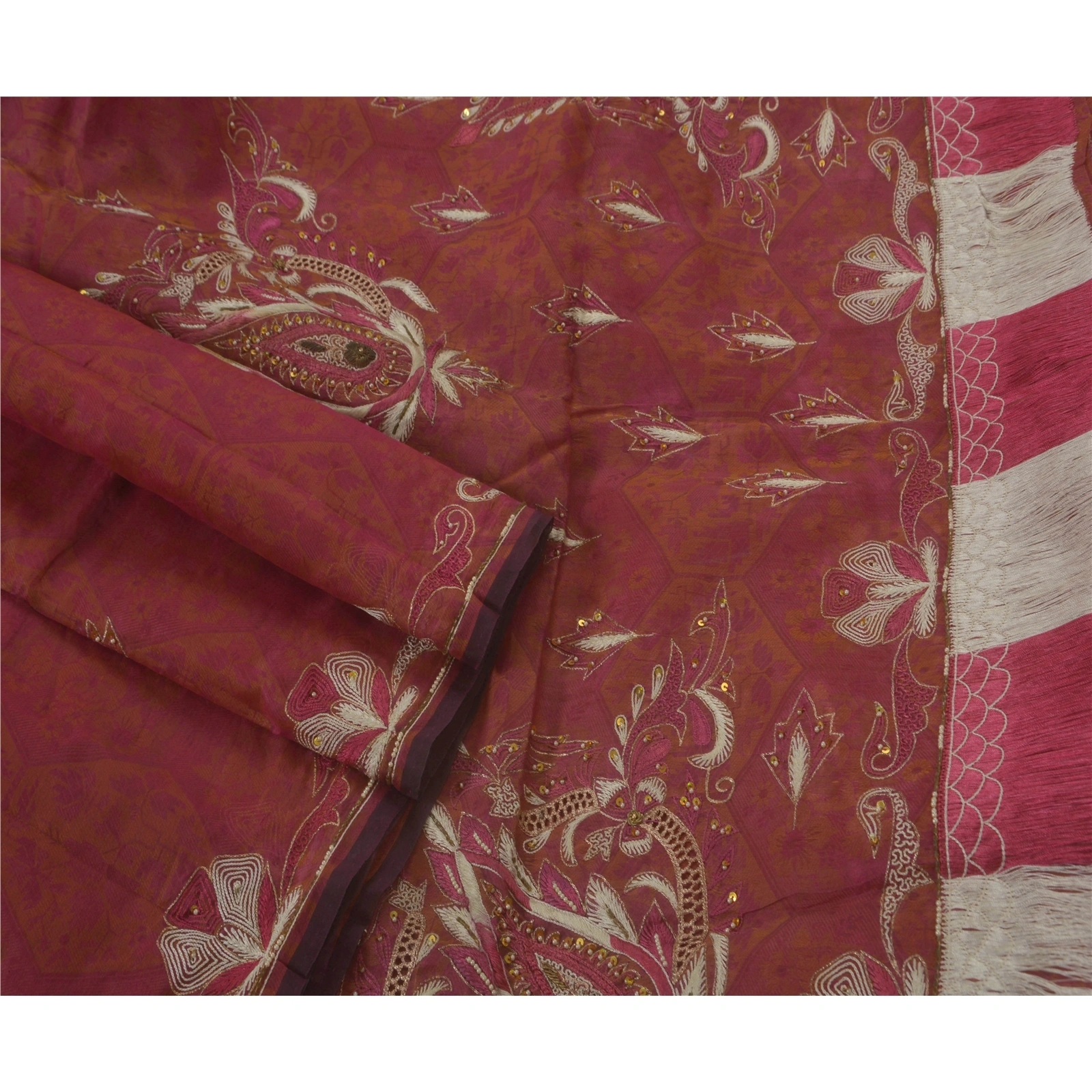 Sanskriti Vintage Sarees Pure Organza Silk Hand Beaded Woven Fabric Premium Sari, PS-50294-Pink-Thread Work-100% Pure Organza Silk-2