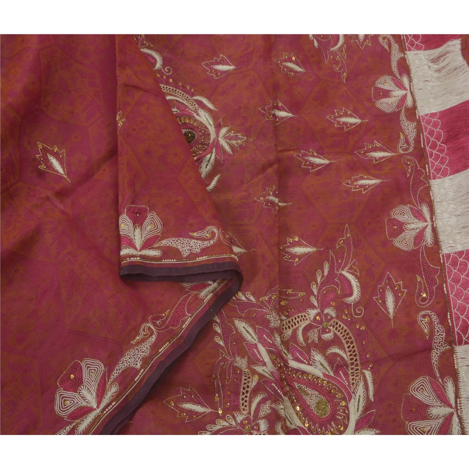 Sanskriti Vintage Sarees Pure Organza Silk Hand Beaded Woven Fabric Premium Sari, PS-50294-Pink-Thread Work-100% Pure Organza Silk-3