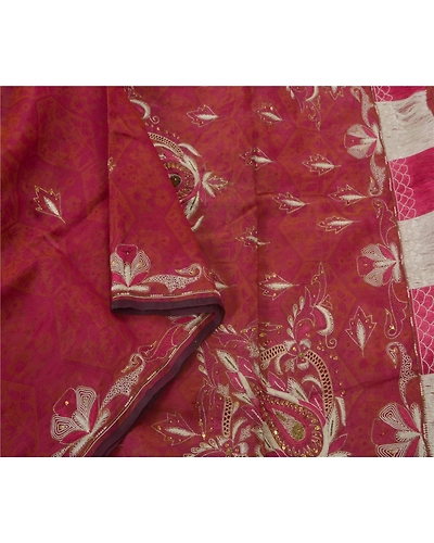 Sanskriti Vintage Sarees Pure Organza Silk Hand Beaded Woven Fabric Premium Sari, PS-50294-Pink-Thread Work-100% Pure Organza Silk-3