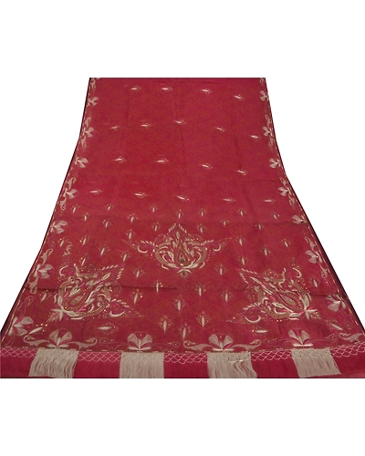 Sanskriti Vintage Sarees Pure Organza Silk Hand Beaded Woven Fabric Premium Sari, PS-50294-Pink-Thread Work-100% Pure Organza Silk-6